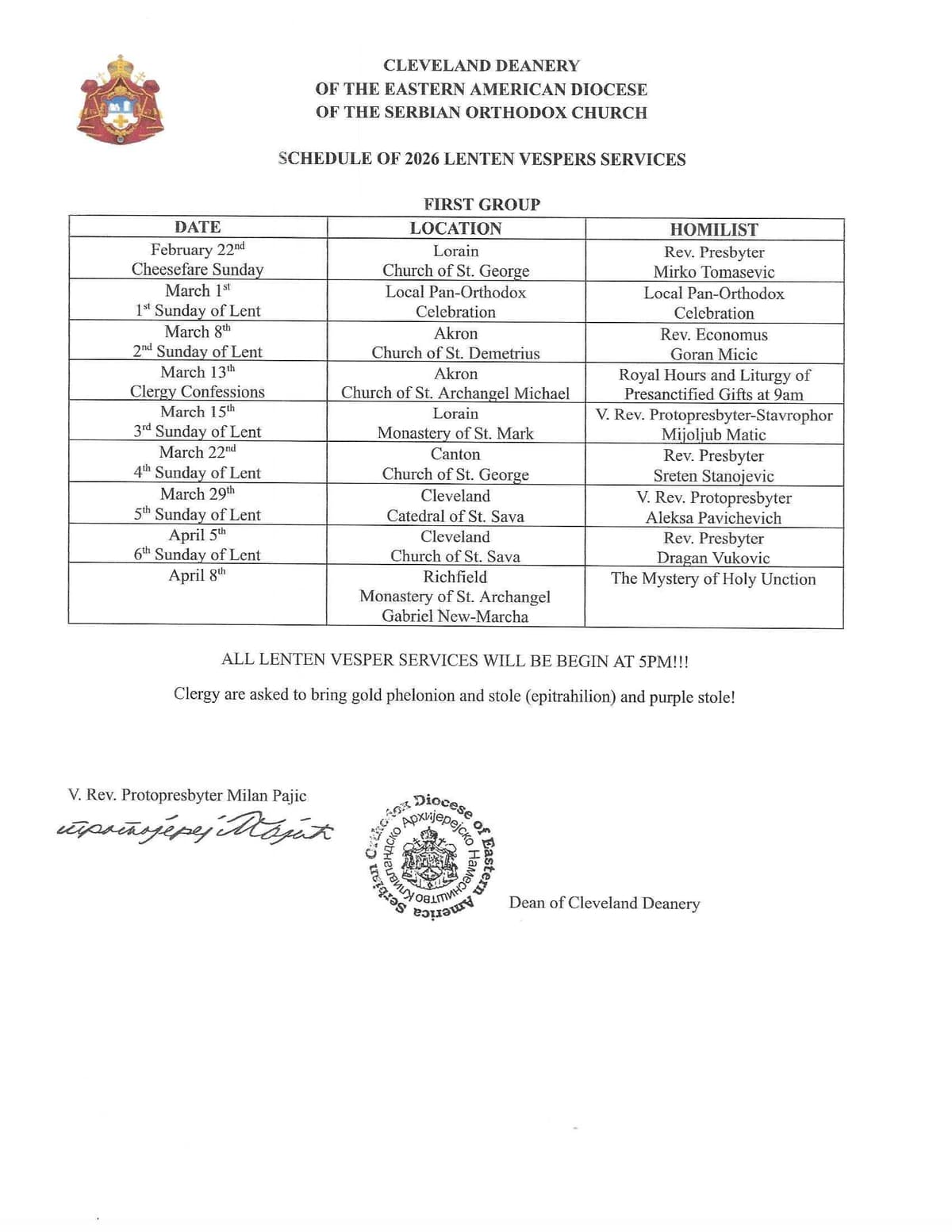 2026 Vesper Schedule - Group One